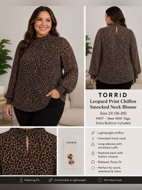 Torrid Leopard Print Chiffon Smocked Mock Neck Blouse Size 2 (2X 18/20) NWT